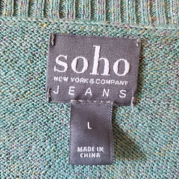Soho Jeans Women L Teal Sweater Snaps Metallic Thread Hi-Lo Hem Mermaid Colors - Picture 3 of 11
